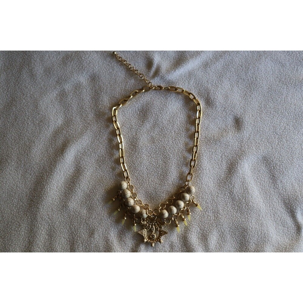 Gold Tone Chain Link Bead Necklace White Marbled Faux Howlite Rhinestone AB 17"+ - Picture 7 of 10